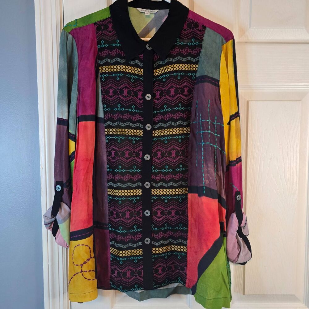 NWT John Marc Blouse‎ Women Sz Medium Colorful ButtonUp Long Sleeve Boho Collar